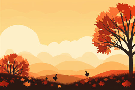 an autumn landscape with trees and birdsの素材