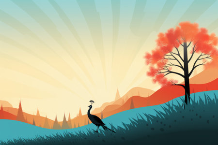 an illustration of a bird on a hill with a tree in the backgroundの素材