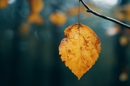 an autumn leaf hanging from a branch in front of a blurry backgroundの素材