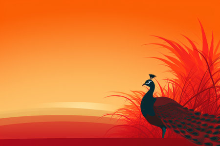 an illustration of a peacock standing in the grass at sunsetの素材