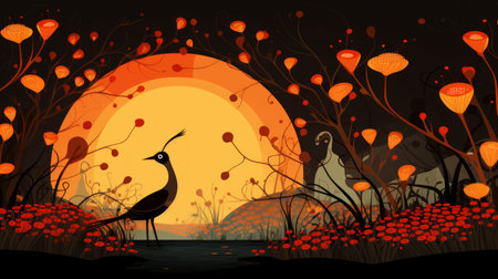an illustration of a bird standing in front of an orange sunsetの素材