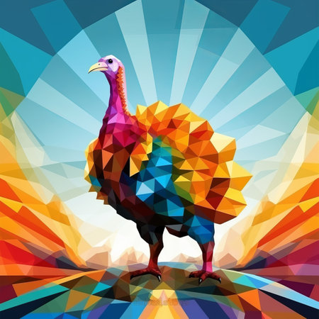 an illustration of a colorful turkey on an abstract backgroundの素材