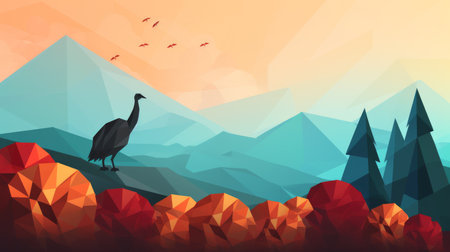 an illustration of a bird standing on a hill with mountains in the backgroundの素材