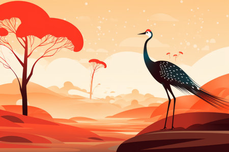 an illustration of a bird standing on a hill with red trees in the backgroundの素材