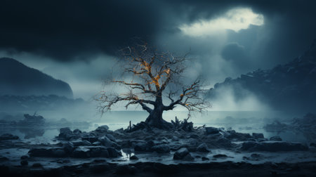 an eerie tree in the middle of a dark lakeの素材