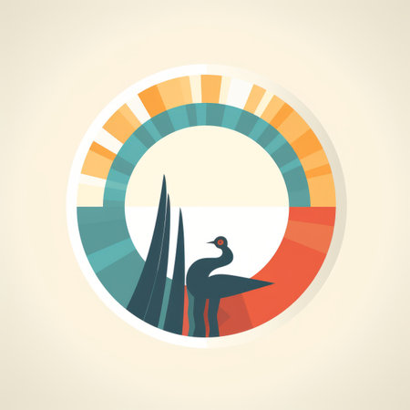 an illustration of a bird standing on a rock in front of the sunの素材