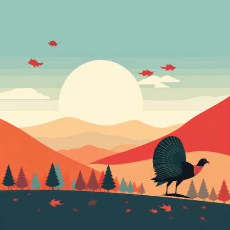 an illustration of a turkey standing in the middle of a fieldの素材