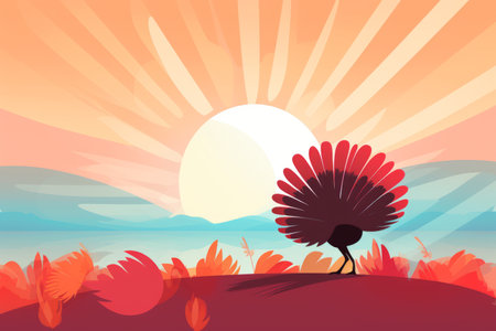 an illustration of a peacock standing in front of the sunの素材