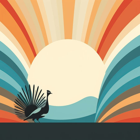 an illustration of a pheasant in front of a sunsetの素材