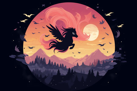 an illustration of a unicorn flying over a mountain at sunsetの素材