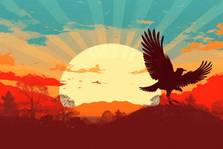 an illustration of an eagle flying over a sunsetの素材