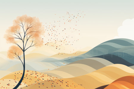 an illustration of an autumn landscape with a lone treeの素材