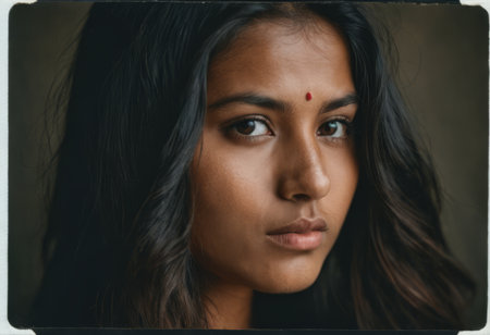 an indian woman with dark hair and a red dot on her foreheadの素材