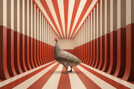 an image of a turkey walking through a red and white striped tunnelの素材