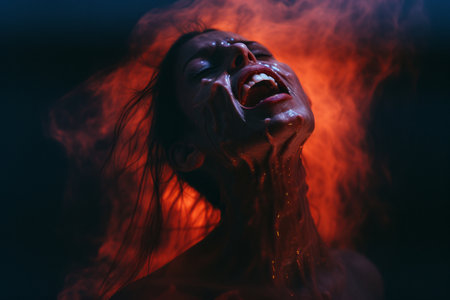 an image of a woman with blood on her faceの素材