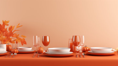an orange table setting with white dishes and platesの素材