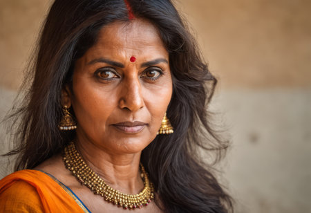 an indian woman in an orange sariの素材