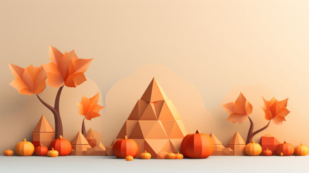 an image of an autumn scene with trees and pumpkinsの素材