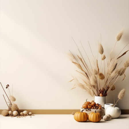 autumn background with pumpkins and reeds on white background 3d renderingの素材