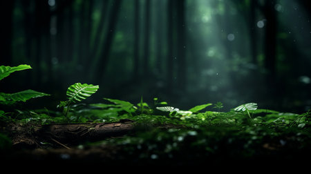 green plants in the forest with sunlight shining throughの素材