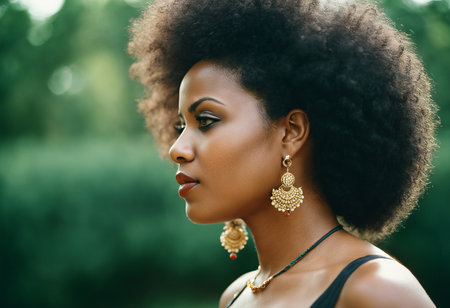 beautiful african american woman with afro hair and gold earringsの素材