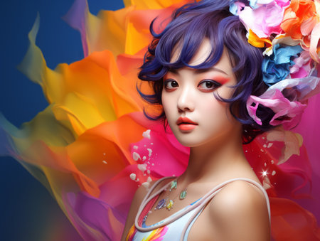 beautiful asian girl with colorful flowers in her hairの素材