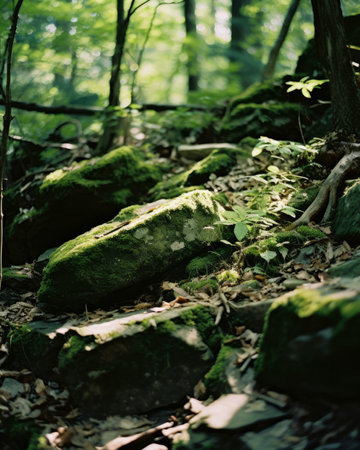 green mossy rocks in the woodsの素材