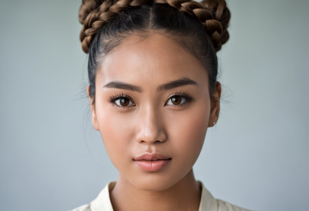 beautiful asian woman with braids in her hairの素材