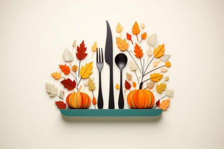 paper cutout of a thanksgiving table with a fork knife and pumpkinの素材
