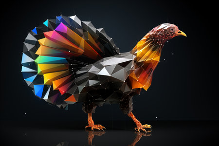 polygonal illustration of a colorful turkey on a black backgroundの素材