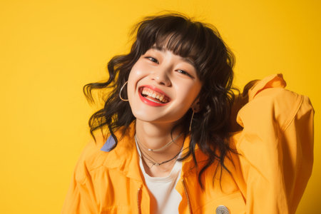 portrait of young asian woman smiling on yellow backgroundの素材