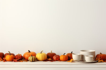 pumpkins gourds and other fall decorations are arranged on a shelfの素材