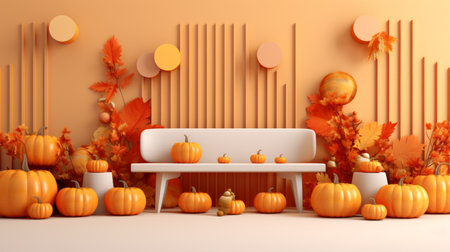 pumpkins and leaves surround a white bench in front of an orange wallの素材