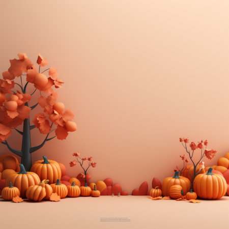 pumpkins leaves and trees on a light pink backgroundの素材