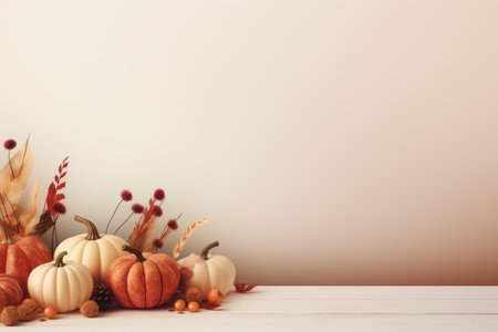 pumpkins and other fall decorations on a wooden tableの素材