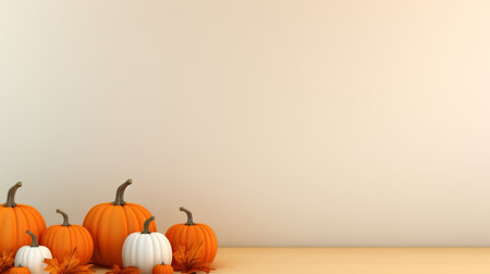 pumpkins and leaves on a wooden table with a blank wall in the backgroundの素材