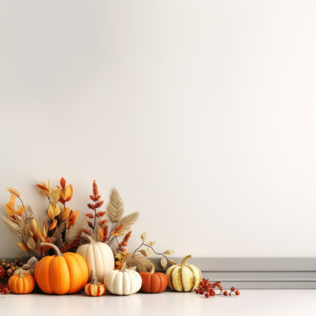 pumpkins and other fall decorations on a white backgroundの素材