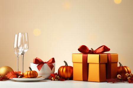 thanksgiving background with orange gift box wine glass and pumpkin decoration on beige backgroundの素材