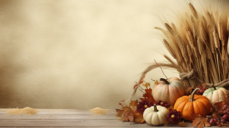 thanksgiving background with wheat and pumpkinsの素材