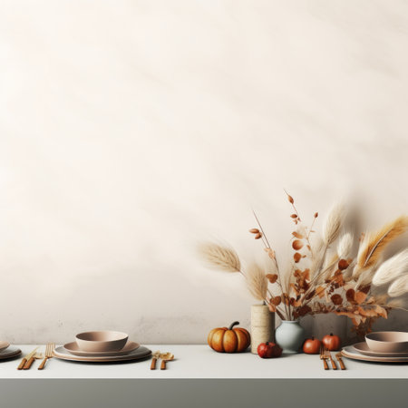 thanksgiving dinner table with autumn leaves and pumpkinsの素材