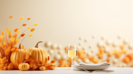 thanksgiving dinner table with pumpkins and wine glassesの素材