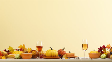 thanksgiving dinner table with wine glasses and pumpkinsの素材