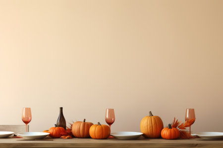 thanksgiving dinner table with pumpkins and wine glassesの素材