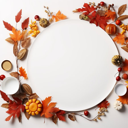 thanksgiving frame with autumn leaves and pumpkins on white background top view flat lay copy spaceの素材