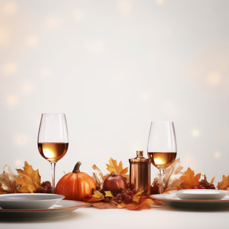thanksgiving dinner table with wine glasses and pumpkinsの素材