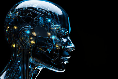 the head of a robot is shown with glowing lines on itの素材