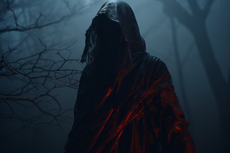 the grim reaper standing in the woods at nightの素材