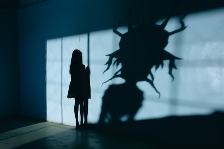 the shadow of a woman standing in front of a dark room with a shadow of a demon on the wallの素材