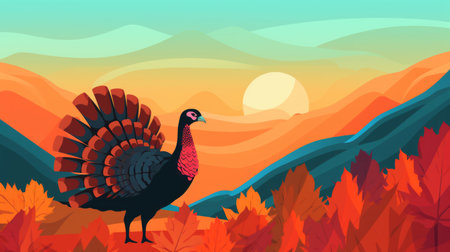 turkey in the autumn landscape with mountains in the backgroundの素材