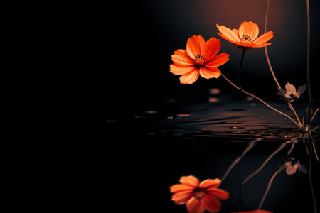 two orange flowers are reflected in water on a black backgroundの素材